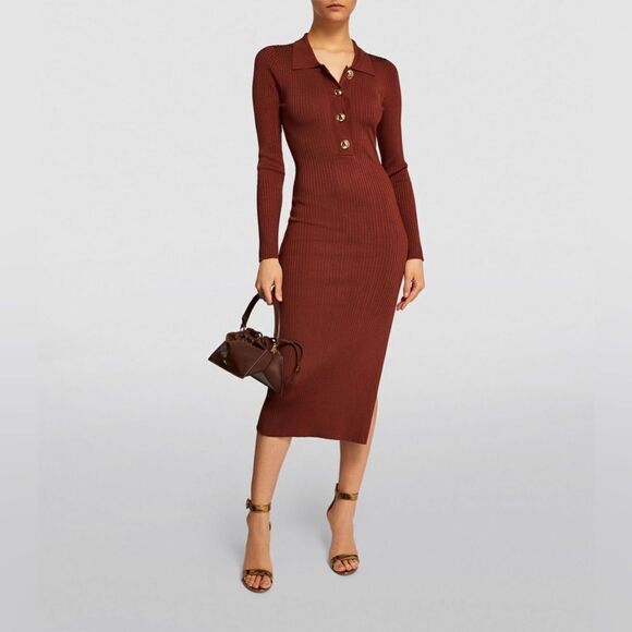 Elegant Brown Ribbed Knit Dress - Picture 1 of 9